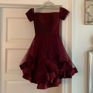 Red velvet off the shoulder dress  with ruffled skirt